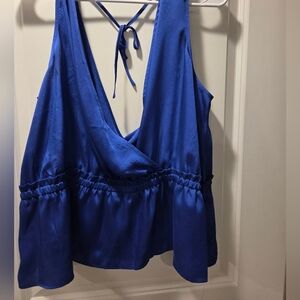 Express Deep V-Neck Satin Halter Tank Top - Royal Blue XL NWT